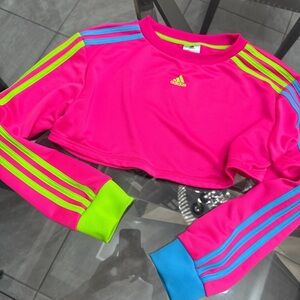 adidas Neon Pink Cropped Long Sleeve Top with Lime and Sky Blue Accents